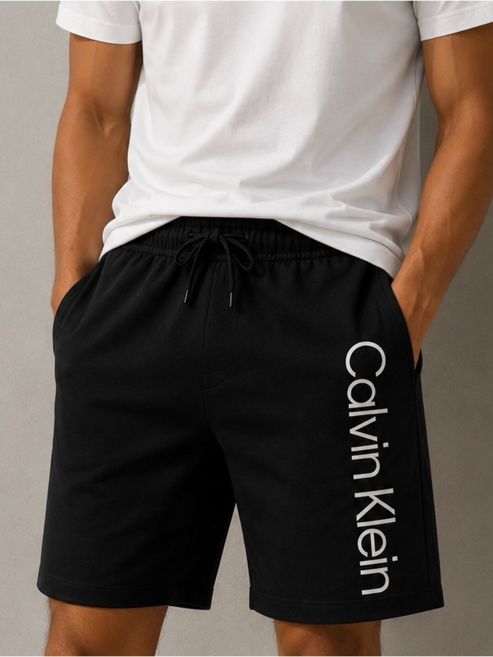 Calvin Klein Black Athletic Shorts with White Vertical Logo